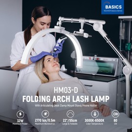NEEWER Basics 22" Half Moon Lash Light with Articulating Desk Clamp Mount Stand/Phone Holder, 32W Foldable LED Nail Tech Table Arc Lamp for Makeup Beauty Tattoo Overhead Video Recording, HM03-D