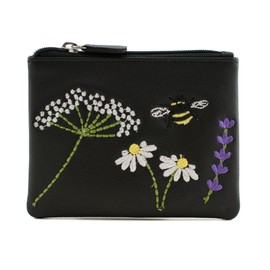 Blossom Bee & Daisy Leather Coin and Card Purse – RFID Protected – Floral Embroidery – Compact Soft Leather Purse with Dust Bag – 12 x 9 x 1cm