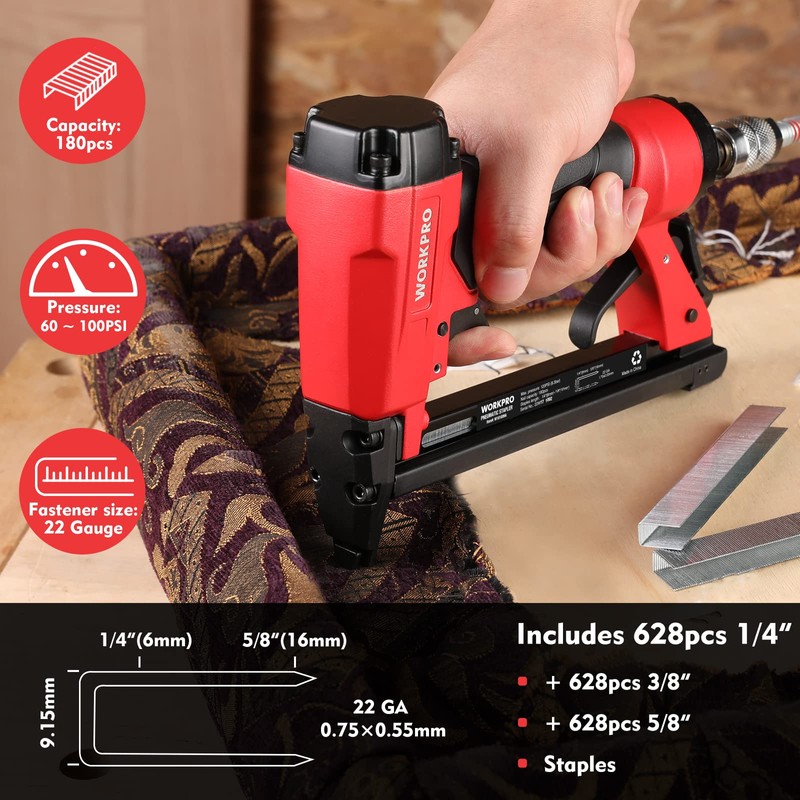 WORKPRO 7116 Pneumatic Staple Gun, 22 Gauge Upholstery Stapler with