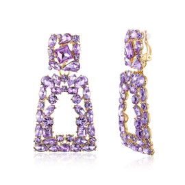Flyonce Rectangle Geometric Clip-on Earrings for Women, Sparkly Lavender Purple Rhinestone Crystal Statement Earring for Non Pierced Ears