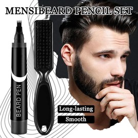 Beard Pencil Filler for Men, Waterproof High Coverage Beard Pen Kit with Beard Brush,Sweatproof Long Lasting Mustache Eyebrows Repair Pen with 4 Micro-Fork Tips（Black）