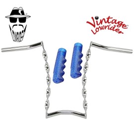 Vintage Lowrider Vtg Lowrider Handlebar CURVED Twisted 15" 25.4mm Chrome & Grips Sparkle Blue.