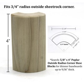 3/4" x 2 1/4" x 4" Poplar (Paint Grade) Outside Radius Corner Base Block Bullnose - Fits 3/4" Radius, Trim Molding (3)