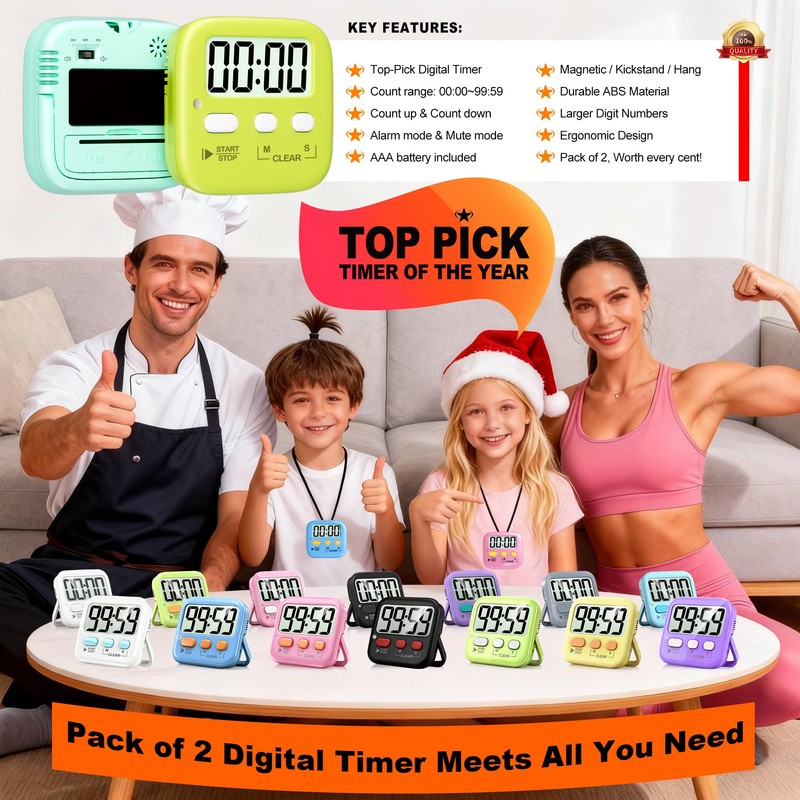 Antonki 2 Pack Digital Timer for Kids, Magnetic Countdown Kitchen