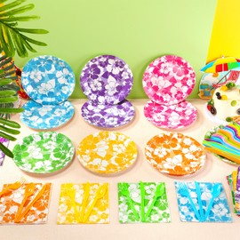 Nitial 120 Pcs Hibiscus Party Plates Napkins Hawaiian Theme Tableware Set for Luau Table Decorations Supplies Tropical Dessert Plates Forks for Aloha Summer Beach Party, Serve 24 Guests