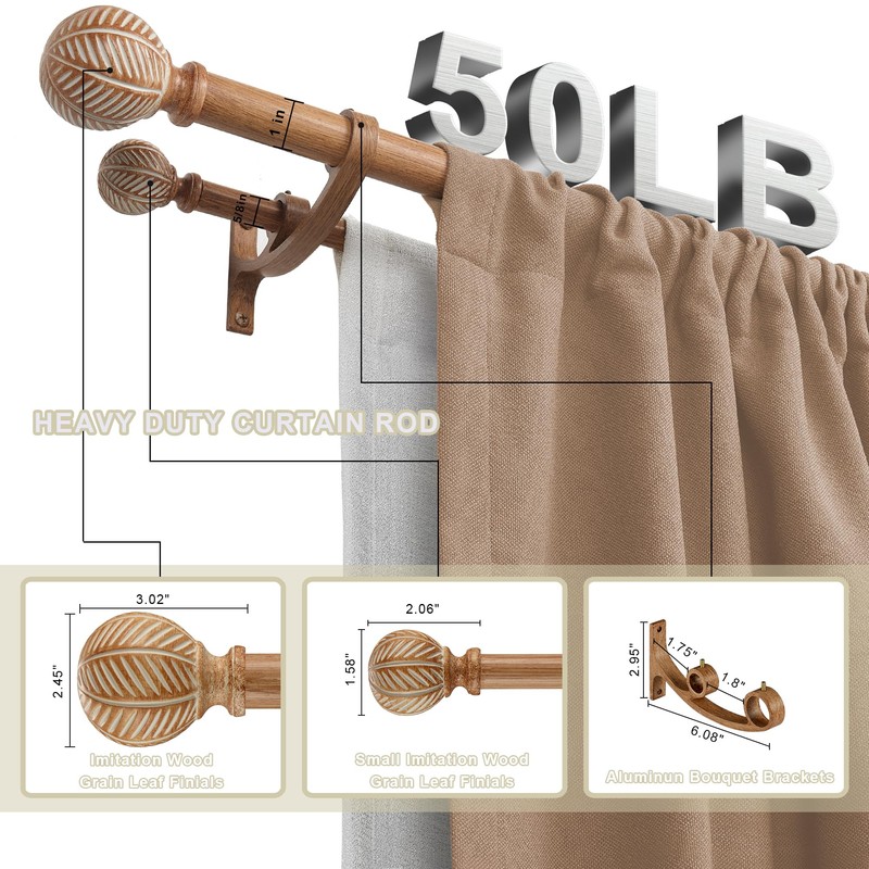Mayrhyme Wood Double Curtain Rods Set for Windows 72 to
