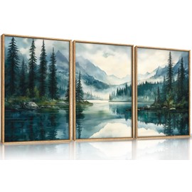 HLNIUC Green Foggy Forest Mountain Wall Art Framed,Large Boho Watercolor Pine Tree Wall Decor set of 3 (24"x36"), Nature Dark Lake Landscape Scenery Canvas Painting for Living Room, Bedroom, Office