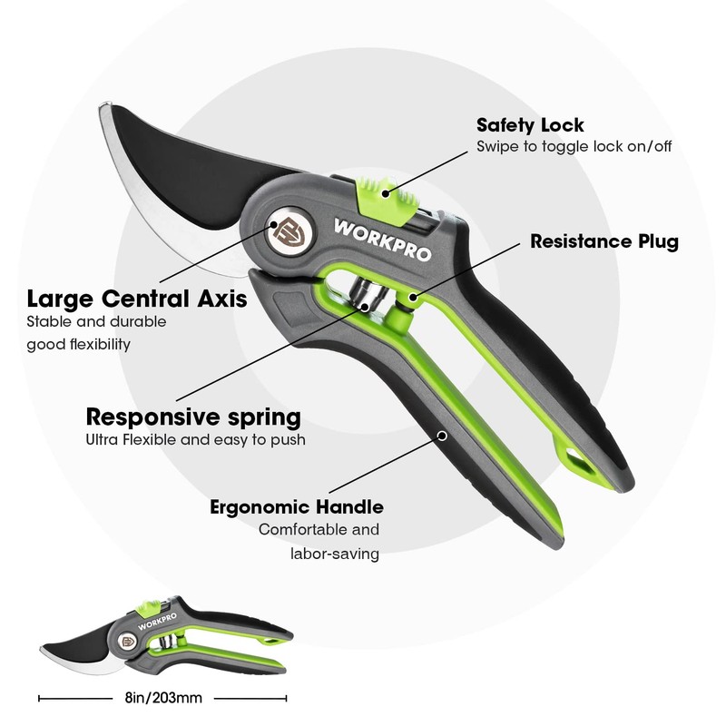 WORKPRO Bypass Pruning Shears, 8’’ Stainless Steel Gardening Hand Pruner,