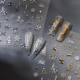 2 Sheets Glitter Christmas Nail Art Stickers Decals Winter Xmas Tree Snowflake Elk Bow Designs 3D Self-Adhesive Nail Decals Cartoon Christmas Nails Sticker Winter Xmas Manicure DIY Nails Decorations