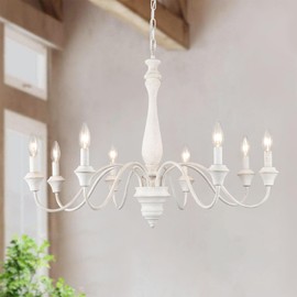 White Farmhouse Chandelier 8 Lights 31.5” Large Distressed Wood French Country Chandelier for Dining Room Chandelier Candle Pendant Light Fixtures Ceiling for Kitchen Living Room Bedroom Foyer