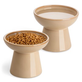 vancasso Elevated Cat Bowls, Ceramic Raised Cat Bowl for Food and Water, 6.2" Extra Wide and Shallow Cat Food Dish for Kittens, Adult Cat, Small Dog, Whisker Fatigue, Lead & Cadmium Free-Brown, 2 Pack