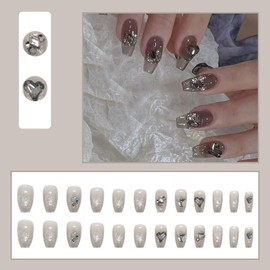Nail Tips, False Nails, Long Nail Tips, 24 Pieces, 3D Nails, Jirai-kei Style, Korean, Mass Production Type, Cosplay Nails, Fashionable, Popular, Gel Nails, Reusable, Ribbon, Nails, Beads, Nail
