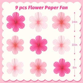 DODOKIM Paper Fans Party Decorations Paper Flowers Decorations for Wall Floral Backdrop Classroom Baby Shower Birthday Party Flower Wall Decor Pack of 9 Pink