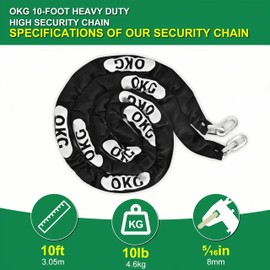 OKG High Security Chain - 10 Foot x 5/16” (8mm) Thick Square Heavy Duty Chain - Cut Proof Chain Hardened Steel Chain for Motorcycles, E-bikes, Trailers, Generators, Fence Gates, etc. (No Lock)