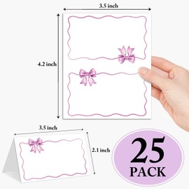 Purple Bow Wave Border Place Cards, Set of 25 Tent Name Cards for Table Setting, Food Label for Wedding, Baby Shower, Birthday Dinner Party Supplies -006