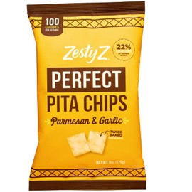 Zesty Z - High Fiber Pita Chip - Parmesan Garlic - High Fiber Snacks, 100 calories per serving, Lower in Carbs - Healthy Snacks - Great for Hummus, Guacamole, & Dips - 6 Oz, Pack of 4