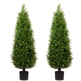 4ft Artificial Cedar Trees Artificial Topiary Trees Set of 2 Faux Cypress Plants UV Resistant Potted Bushes Faux Shrubs for Outdoor Indoor Front Porch Garden