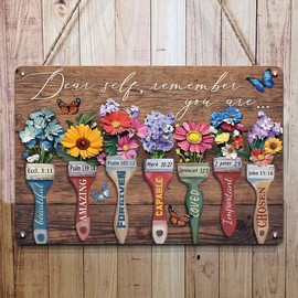 Metal Tin Sign Christian Wall Art - 'Dear Self, Remember You are...' - Bible Verse Paintbrush Floral Sign, 7.8 x 11.8 Inch Vintage Metal Decor for Home, Office, or Church - Faith-Based Gift for Women