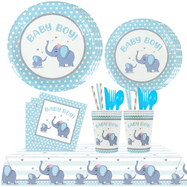 201 Pc Blue Elephant Baby Shower Decorations For Boy, baby boy Birthday Party Supplies -Tablecloth, Paper Plates Napkins Straws Cups Forks Spoons & Knives - Elephant Theme Tableware Set Serves 25