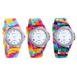 Ibohevo Silicone Colorful Band Watch: 3 Pack Women Men Rainbow Rhinestone Cute Jelly ACrystal Multicolor nalog Quartz Wristwatch