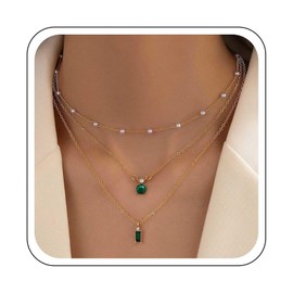 Yienate Boho Layered Pearl Crystal Choker Necklace Gold Tiny Pearl Chain Choker Green/Blue Disc Square Crystal Pendant Necklace Multilayer Rhinestone Pearl Necklace Jewellery for Women, Zinc, No