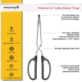HINMAY Scissor Tongs 10-Inch Stainless Steel Scissor Style Tongs (Black Handle)