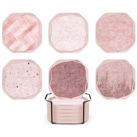 UMIRRO Pink Coasters for Drinks with Holder, Absorbent Felt Coasters with Silicone Case for Wooden Coffee Table, 4", Set of 6