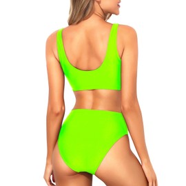 Tempt Me - Traje de baño deportivo de dos piezas con cuello redondo para mujer, Verde neón, X-Large