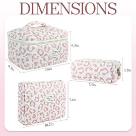 AMZMA 3Pcs Quilted Makeup Bag for Women, Large Travel Makeup Bag Set, Cute Aesthetic Cosmetic Bags, Floral Cotton Makeup Pouch Coquette Toiletry Organizer Bag, Pink leopard print