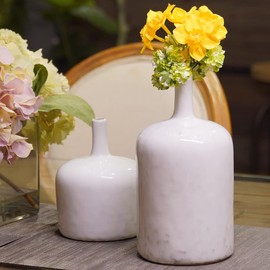 White Ceramic Vase Set - Set of 2 Table Vase, Ceramic Flower Vase for Centerpieces, White Reactive Long Neck Vase, Large Tabletop Living Room Decor 9.5 Inch Cynkeyee