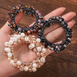 Unicra Pearl Hair Ties Beaded Fancy Elastic Hair Scrunchies Set Fashion Decorative Ponytail Holder Pearls Hair Accessories for Women and Girls 3PCS (Pearl&Rhinestone)