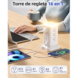 LUKITO Regleta Torre Multicontacto con Luz Nocturna, Extension Electrica 3M,Conector Multiple Escritorio Enchufe con 12 AC y 3 USB Puertos (Blanco, 3M)