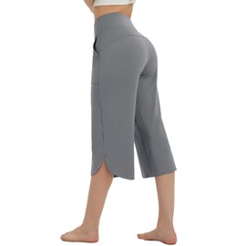 baleaf Capris Pants for Women Yoga Capri Leggings with Pockets Loose High Waist Crop Workout Pants Wide Leg Casual Summer Dark Grey