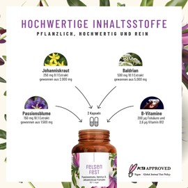 NATURTREU FELSENFEST - Johanniskraut Baldrian Passionsblume Kapseln hochdosiert - Vergleichssieger * - St Johns Wort mit Folsäure & B12 - Vegan - 90 Kapseln