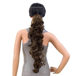 SWACC 24-Inch Long Messy Curls Claw Clip Ponytail Extensions Synthetic Drawstring Curly Ponytail Hairpiece Jaw Clip Hair Extensions (Medium Ash Brown-8#)