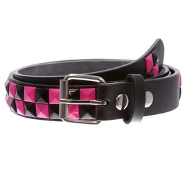 Kids Snap On Punk Rock Black & Hot Pink Star Studded Checkerboard Leather Belt, black/hot pink | m-28"