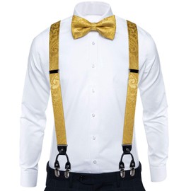 DiBanGu Gold Paisley Suspenders for Men Y-Shape Adjustable Suspenders Bowtie Pocket Square Cufflinks Clip Brace