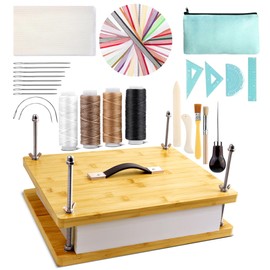 HAOPENGYOU 34Pcs Bookbinding Kits, Basic Bookbinding Set, Large Bamboo Book Press, 14.7x11.4IN Book Binding Kits,Binding Cloth Headband, Bone Folder, Awl, Bookbinding Needles for DIY