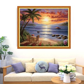 Lovxvouy Cross Stitch Kits for Adults,Stamped Full Range of Embroidery Starter Kit for Beginners Needlepoint Kits 11CT Pre-Printed Pattern, Cross-Stitching Needlecrafts-Sunrise by Seaside 16x20 inch