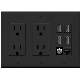 RiteAV 4 Port HDMI 1 Coax Cable TV- F-Type 1 Cat5E Ethernet Wall Plate - 2 Outlet [Black/Black]