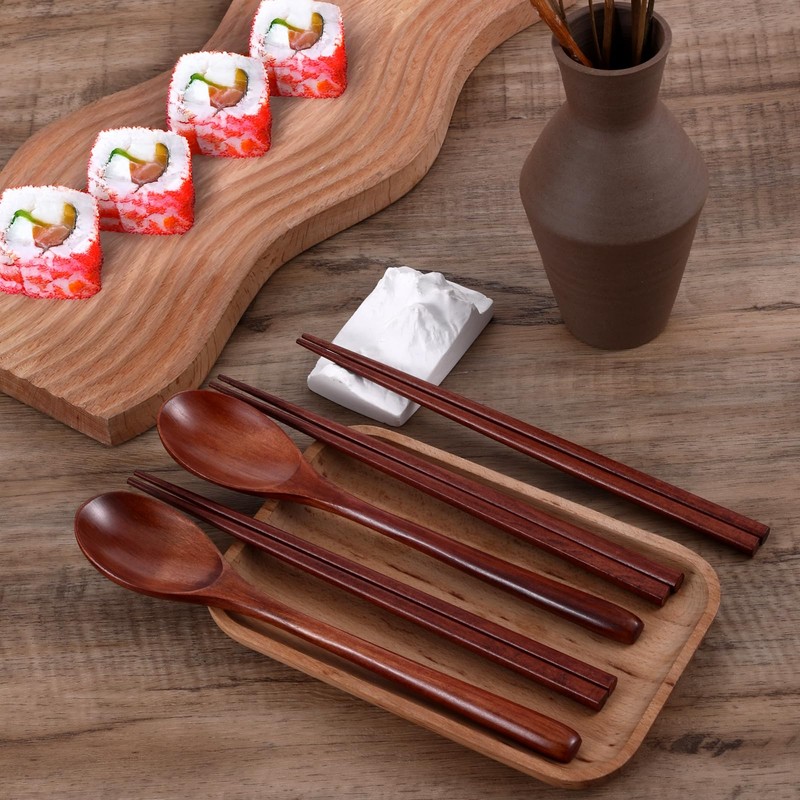 4 Pairs Chopsticks and 4 Spoons Set Wooden Chopsticks Spoon