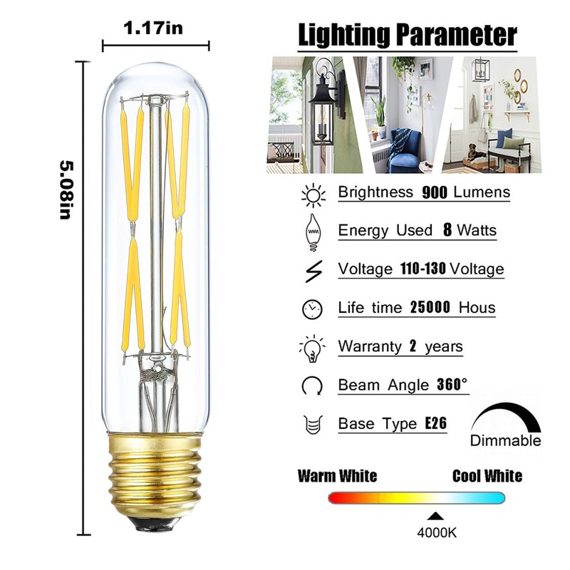 T10 Led Bulb, 8W Dimmable Led Tubular Bulbs, 75-100 Watt