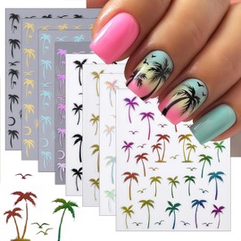 8 Sheets Tropical Palm Tree Nail Stickers Coconut Tree Stickers Multicolor Gradient Design Birds Moon Summer Beach Sliders for Manicure Decoration for Women
