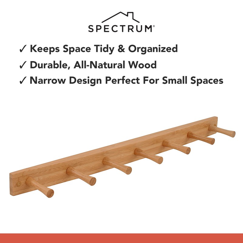 Spectrum Wall Mount 7-Peg Wood Rack Organizer for Bathroom, Kitchen,