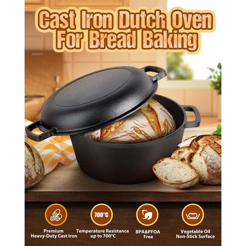 Cast Iron Dutch Oven for Sourdough Bread Baking, Pre-Seasoned 5QT