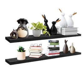 SAUMONIERES Floating Wall Shelves for Bedroom Bathroom Wall Mounted Solid Wood 36 Inches Long Shelf Set of 2, Black Floating Shelves