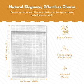 Radiance Cordless Bamboo Roman Shades for Windows - Bamboo Blinds for Semi-Private Light Control - Easy to Lift & Fold Up Window Shades - White - 46" W x 64" L - (2215340E)