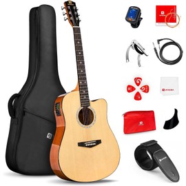 Vangoa Electric Acoustic Guitar Kit for Beginners Adults 41 inch Full Size Cutaway Electric Acoustic Guitar Bundle Set with Built-in Pickups Bag Tuner Strap Capo Picks Cable, Glossy Red