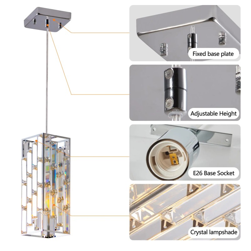 Modern 4\" Crystal Pendant Light 3-Pack Adjustable Hanging Ceiling Lamp