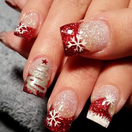 Christmas Press on Nails Short Square Fake Nails Red French Tip Glue on Nail with Santa Hat Snowflake Glitter Designs Christmas Nails Press on Red Acrylic Nails Xmas Stick on Nail for Women 24 Pcs